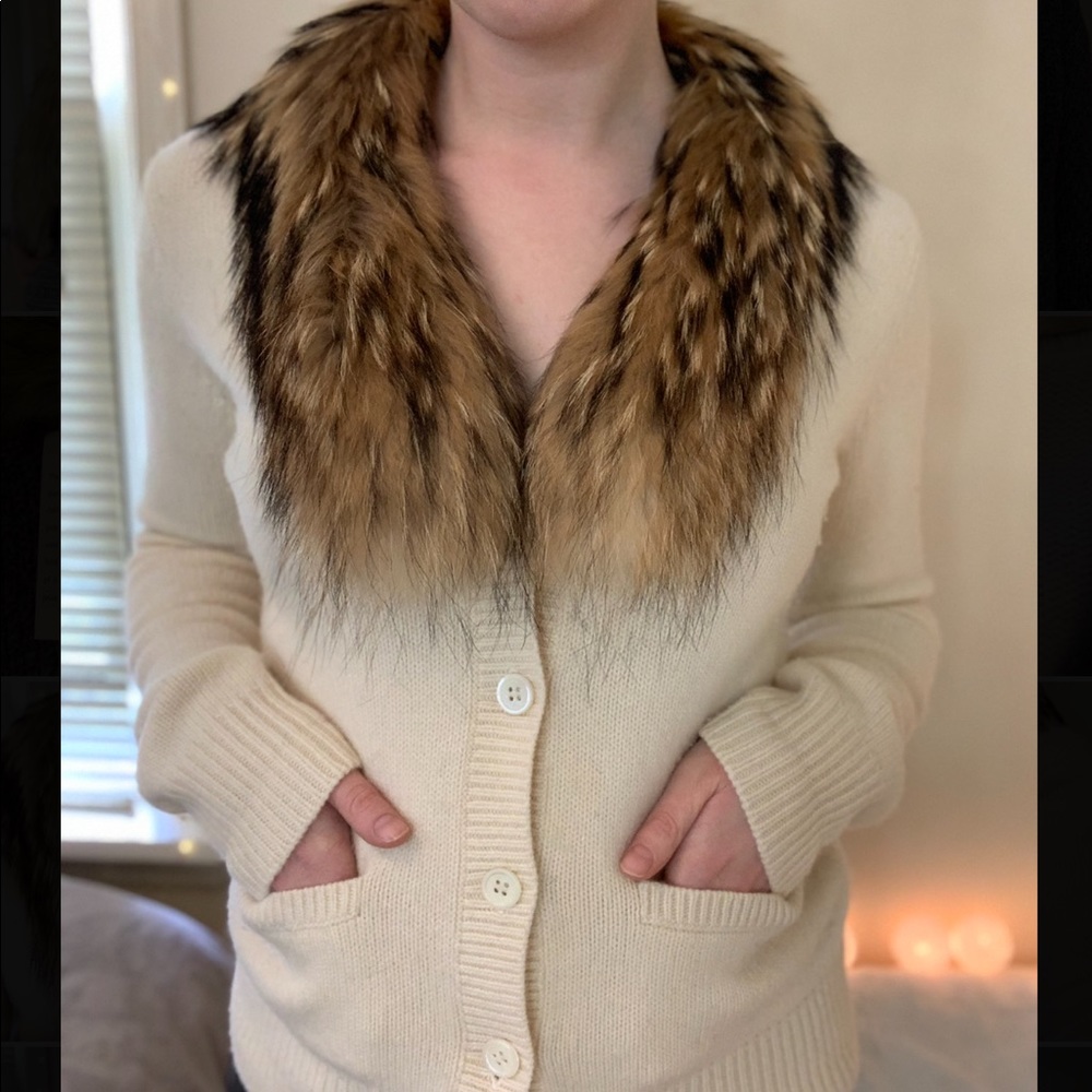 Theory Wool Cashmere Sweater W/ Fur Collar Size M